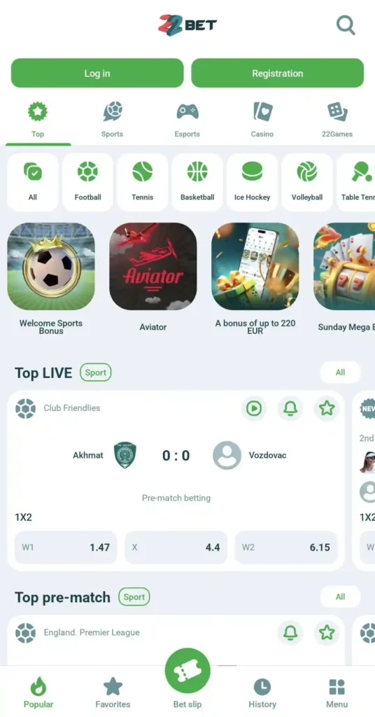 22bet APP interface 