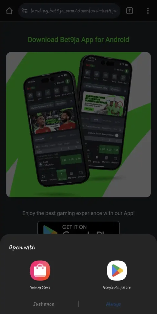 Bet9ja website with redirect on Google Play Store 