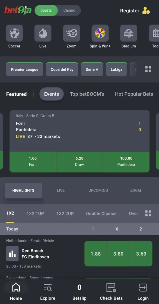 Bet9ja application interface