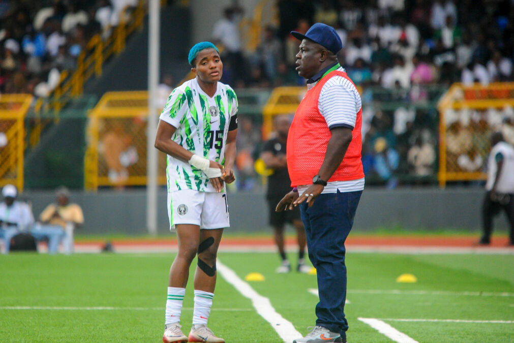 Super Falcons captain, Rasheedat Ajibade and Coach Justin Madugu
