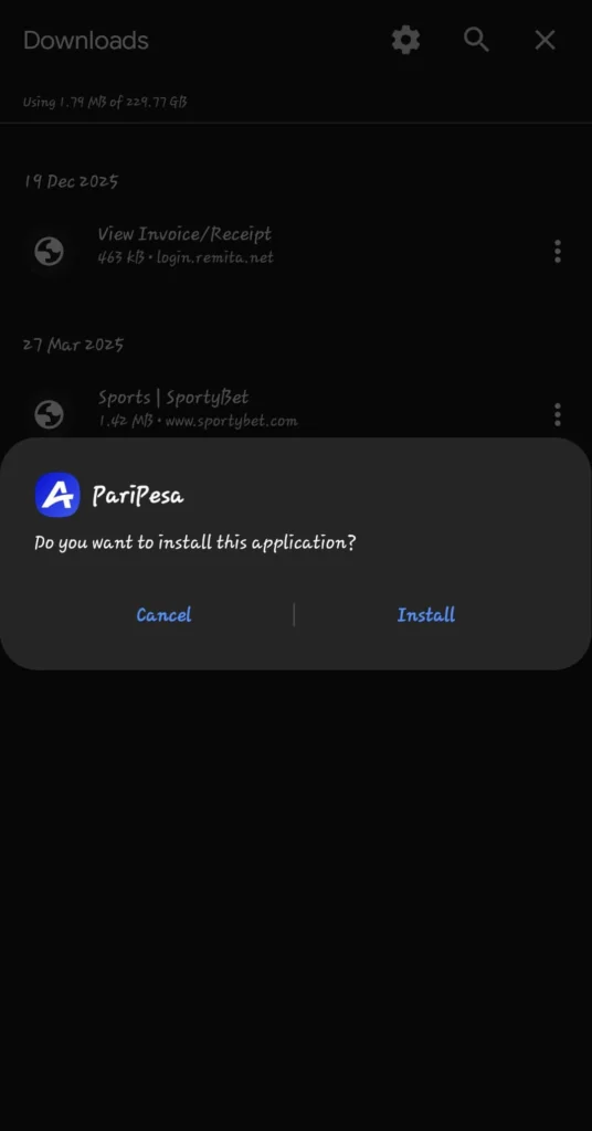 Paripesa apk downloading