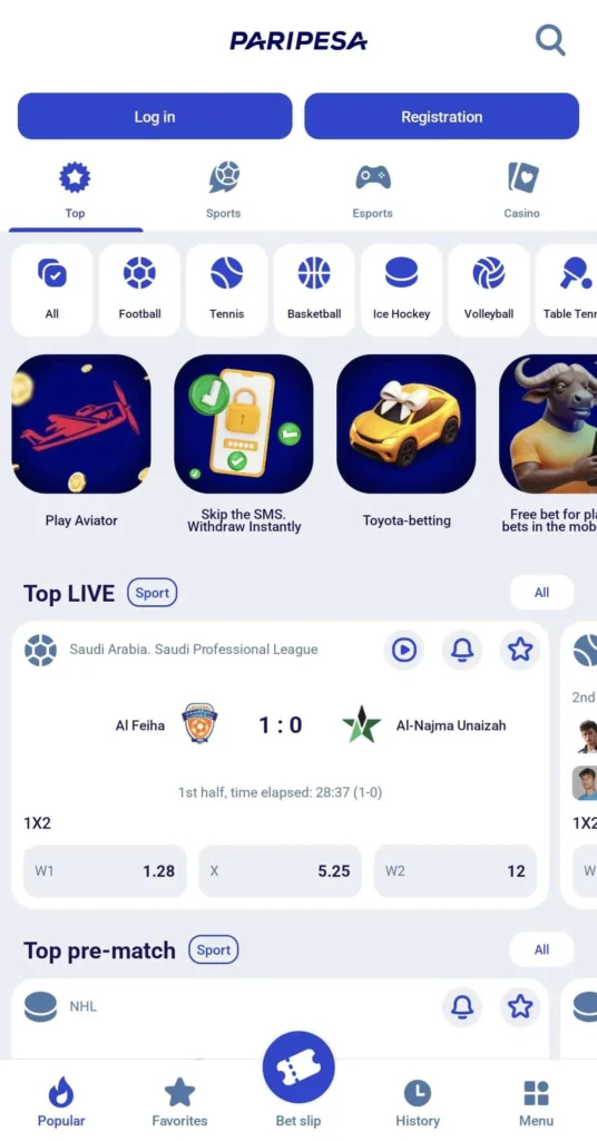 Paripesa app interface