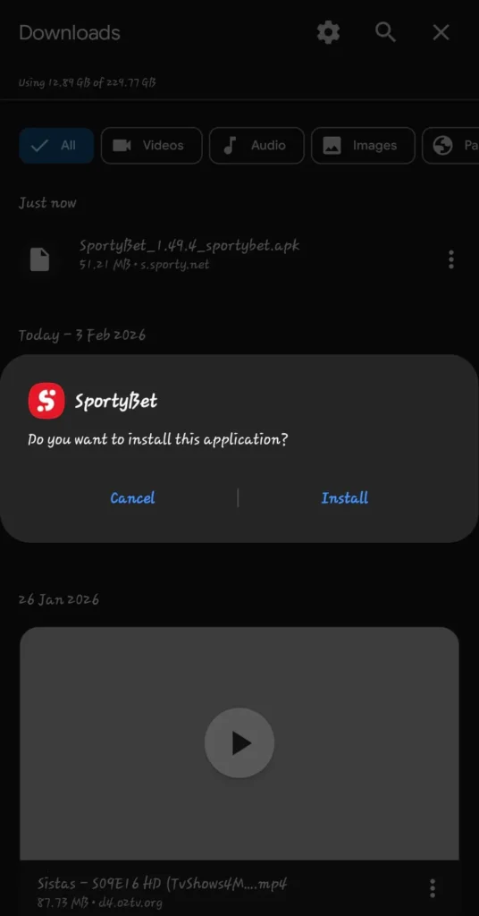 Installing Sportybet apk