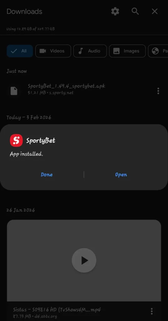 Sportybet apk installed